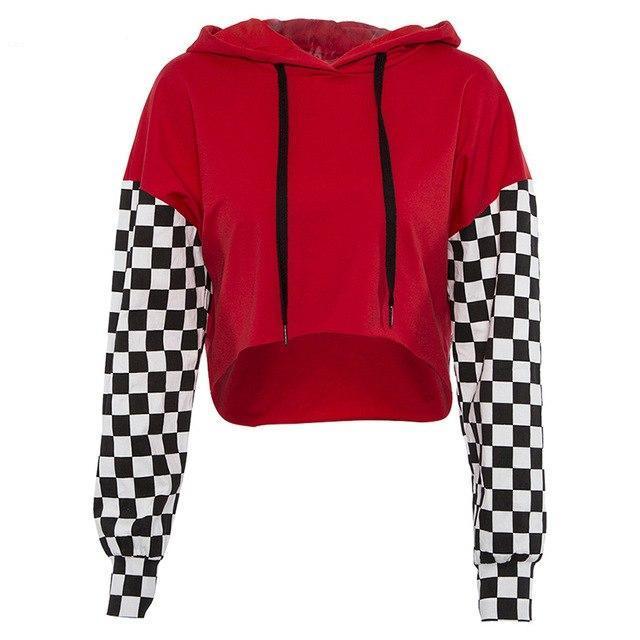 CHECKERBOARD LONG SLEEVE CROPPED HOODIE