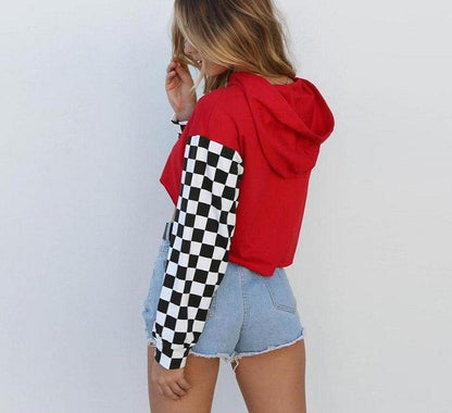 CHECKERBOARD LONG SLEEVE CROPPED HOODIE